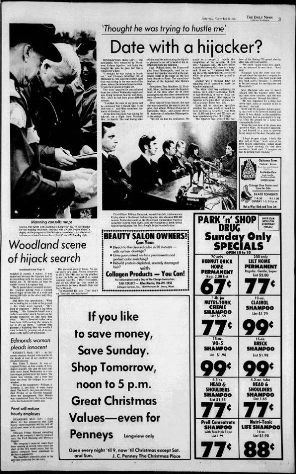 Longview Daily News WA 11/27/1971 Date w/ Cooper